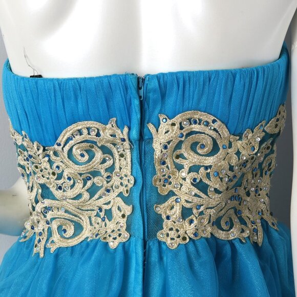 Original Organza Tulle Jeweled Prom Short Dress Blue Strapless Rhinestone - Picture 6 of 9